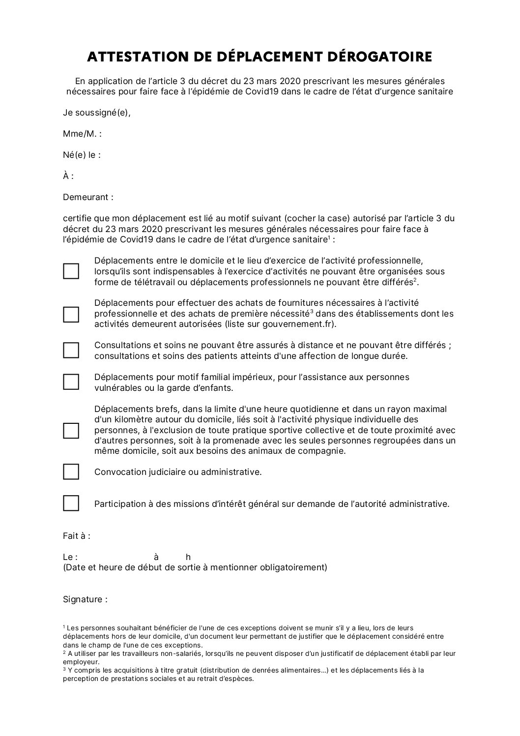 Nouvelle ATTESTATION DE DEPLACEMENT DEROGATOIRE