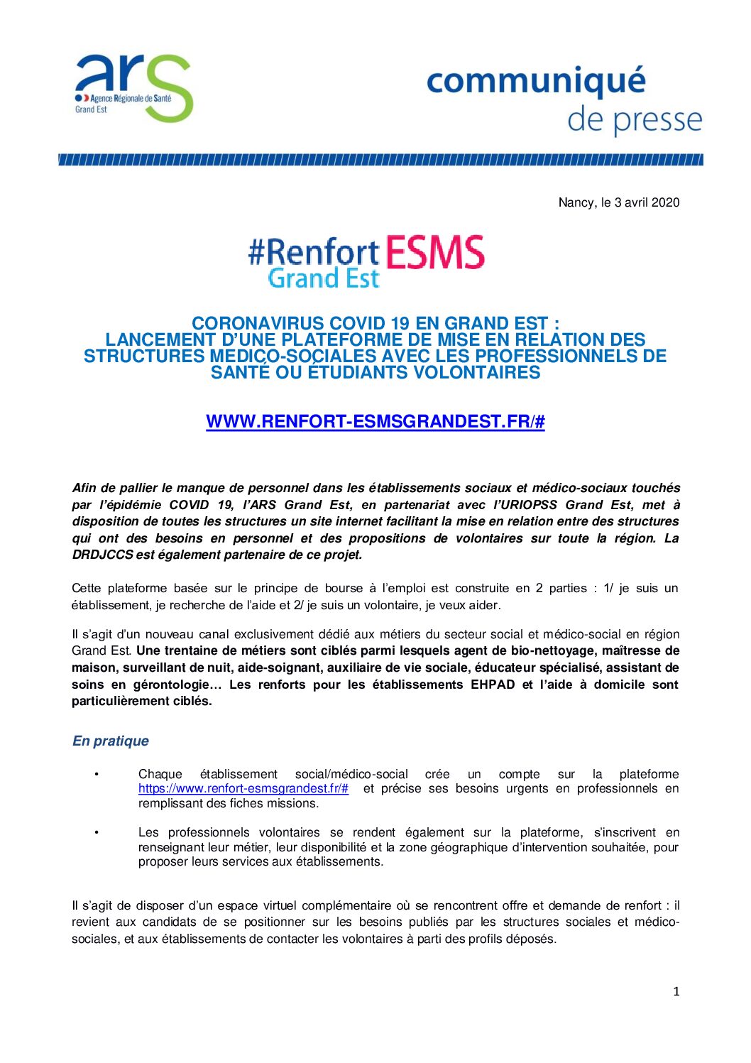 Communique Coronavirus covid 19 – Lancement plateforme ESMS