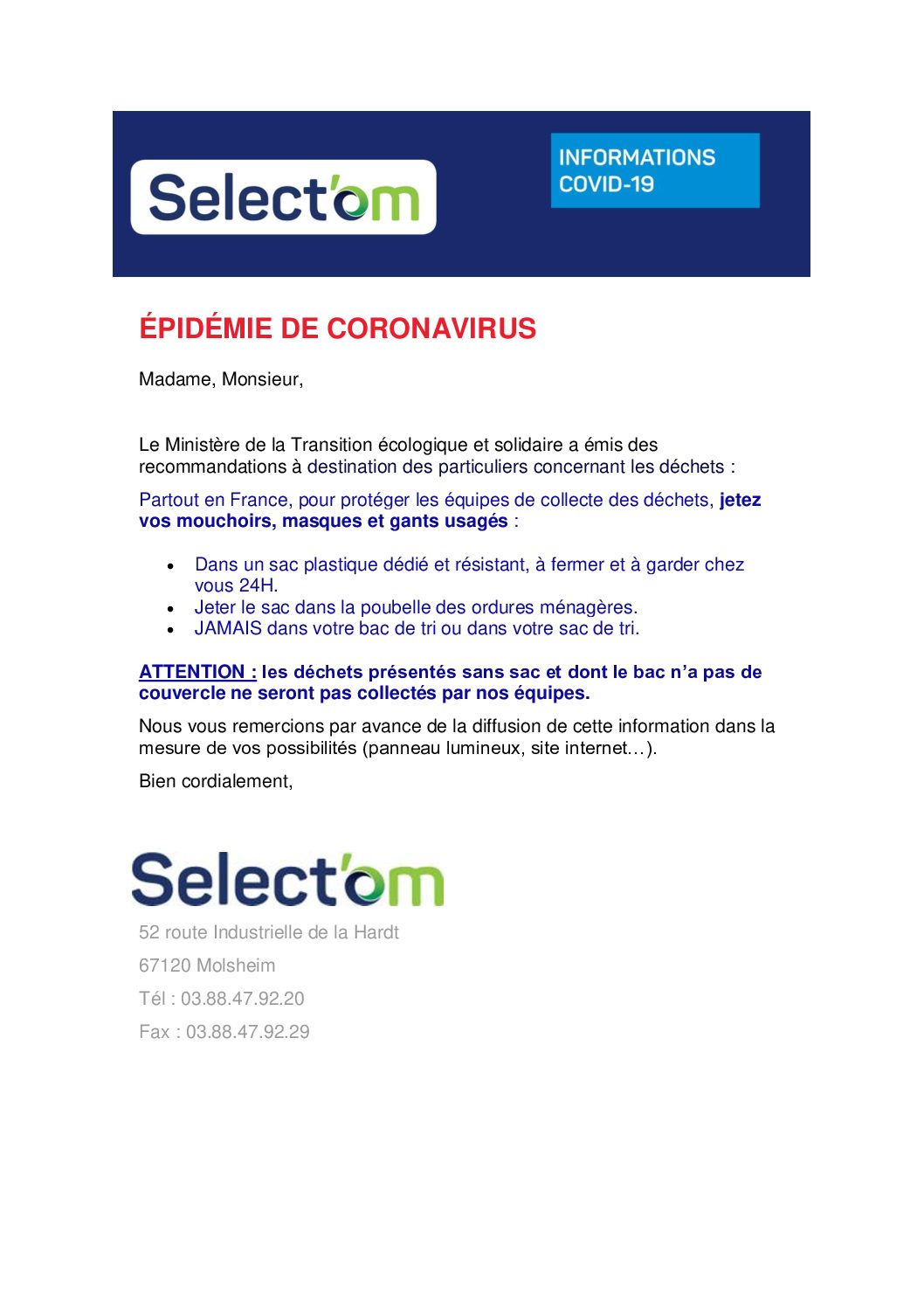 SELECT’OM – Informations COVID – 19