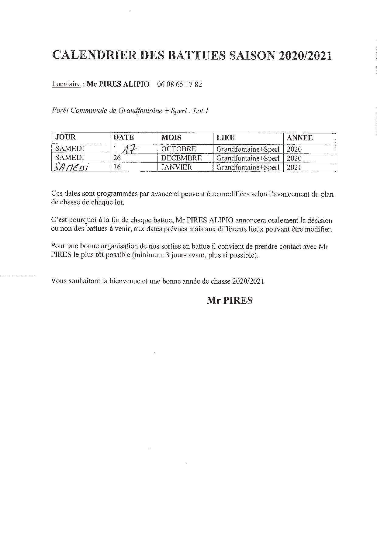 Calendrier des battues saison 2020/2021 en Forêt Communale de Grandfontaine + Sperl