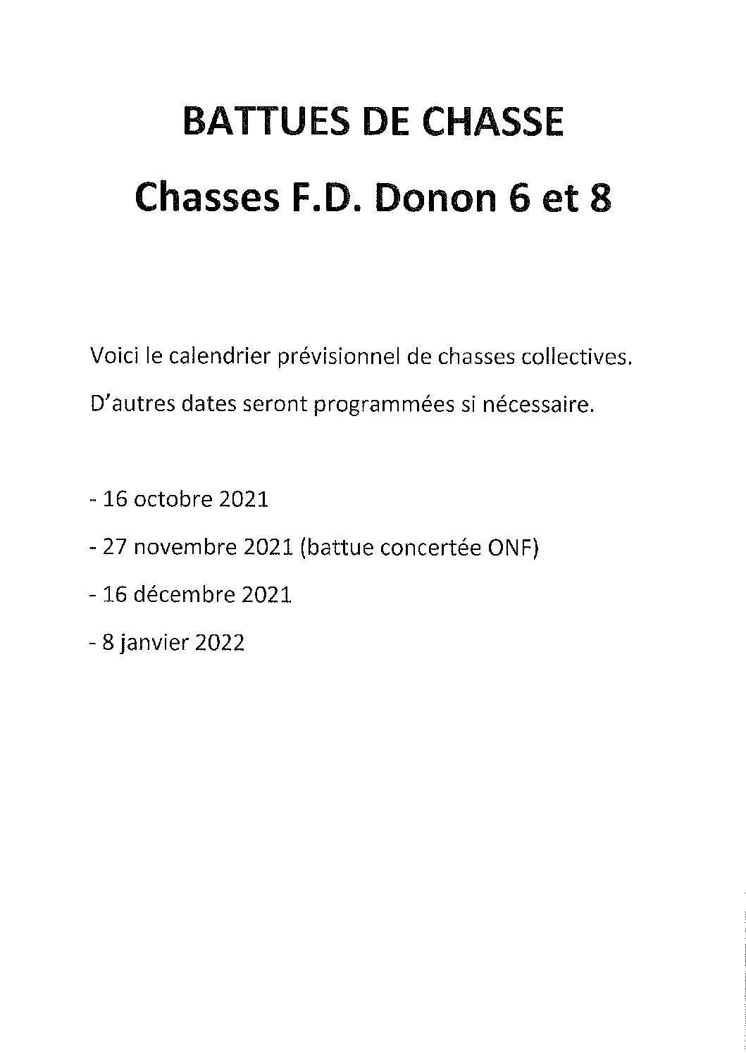 Battues de chasse 2021-2022 – Forêt Domaniale du Donon 6 et 8