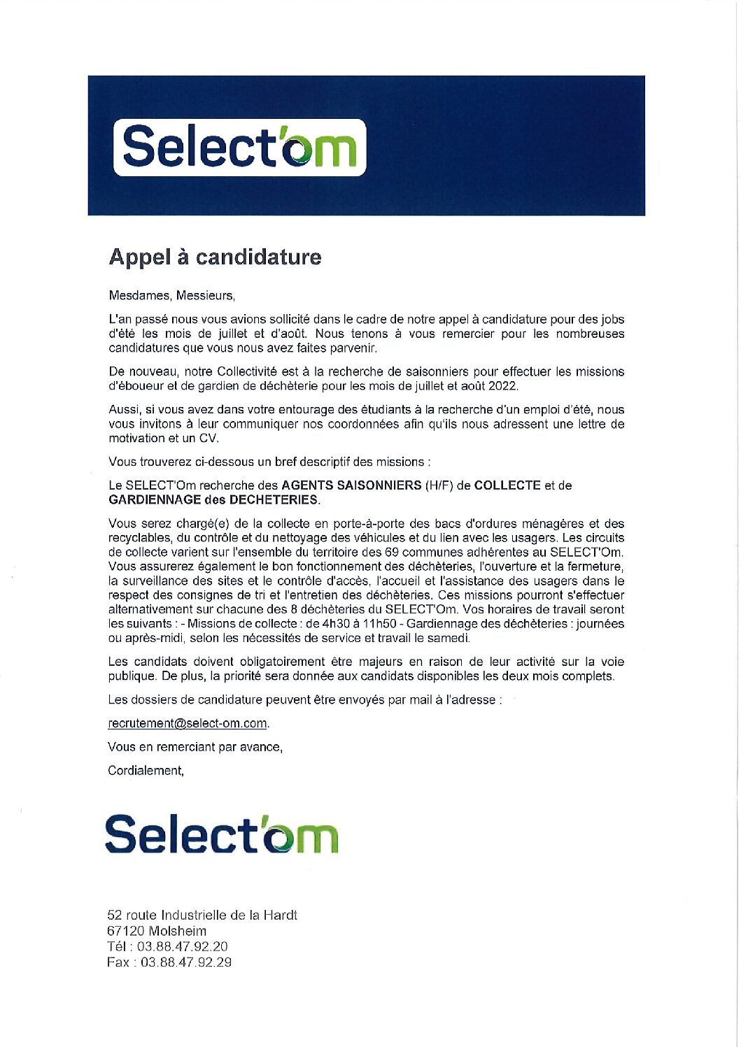 APPEL A CANDIDATURE DU SELECT’OM