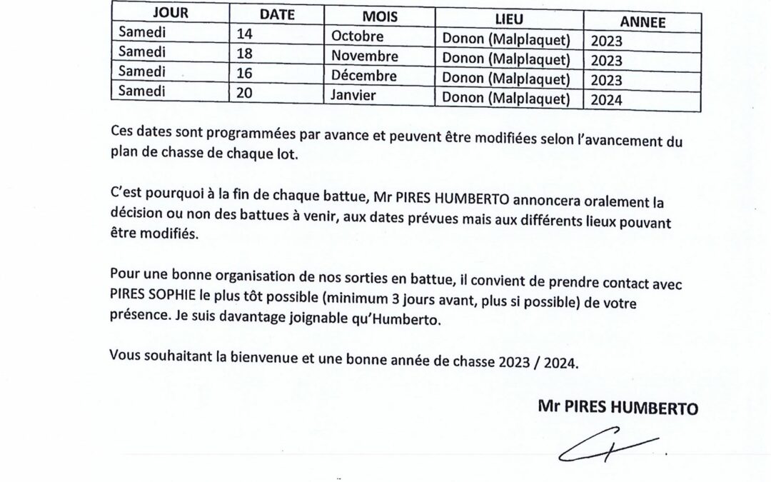 CALENDRIER DE BATTUES 2023/2024 – Forêt domaniale Donon (Malplaquet) : Article 78 – Lot 7