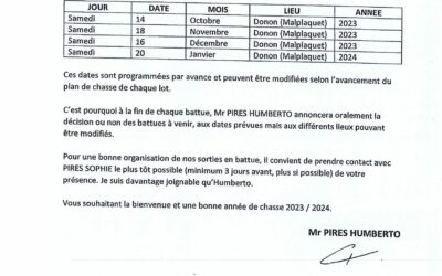 CALENDRIER DE BATTUES 2023/2024 – Forêt domaniale Donon (Malplaquet) : Article 78 – Lot 7