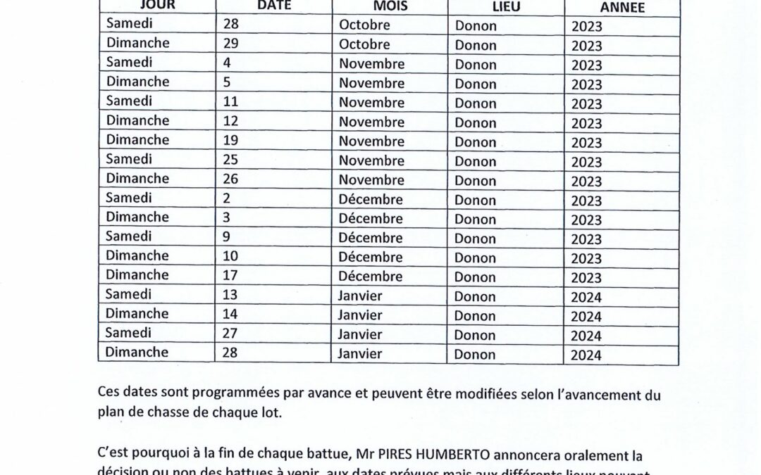 CALENDRIER DE BATTUES 2023/2024 – Forêt communale Donon : Lot 1
