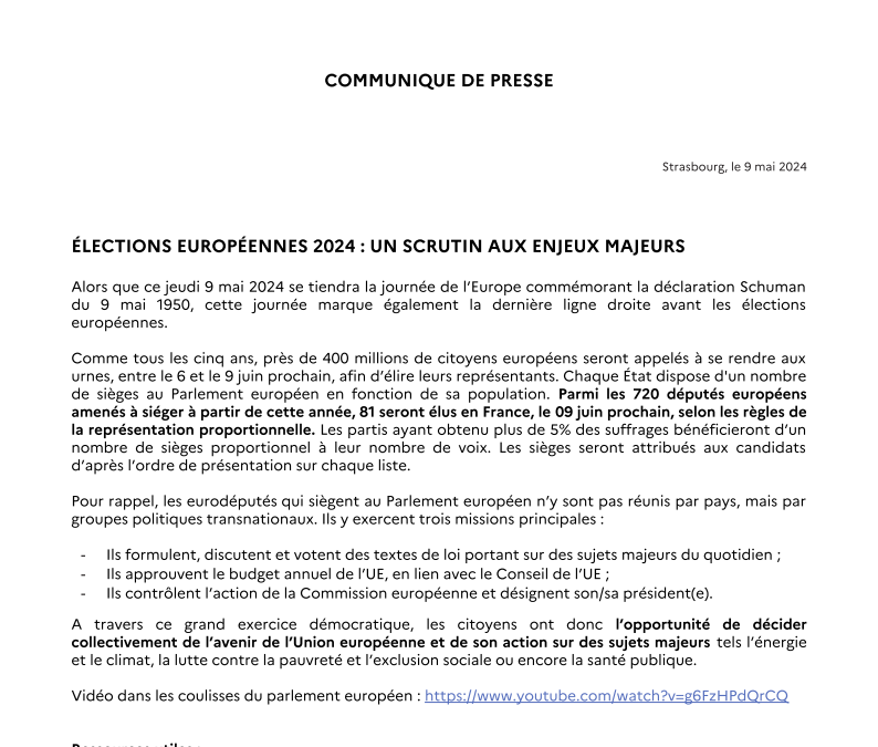 ELECTIONS EUROPEENNES – COMMUNIQUE DE PRESSE