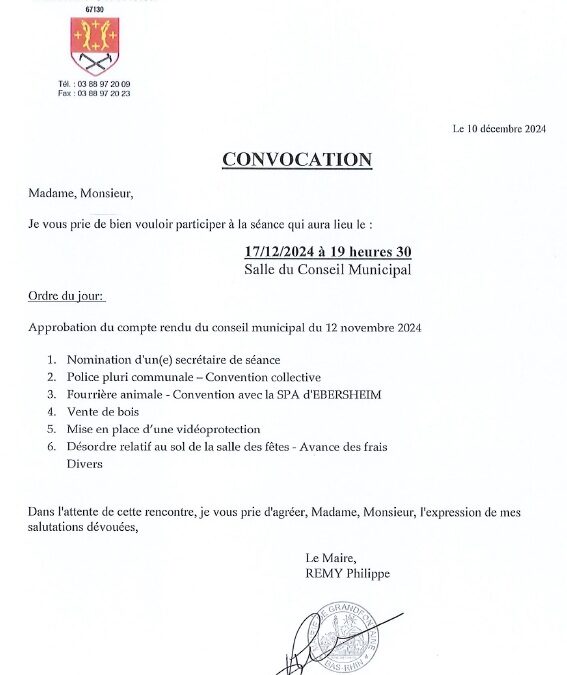 ANNULE ET REMPLACE – CONSEIL MUNICIPAL DU 17/12/2024 A 19H30