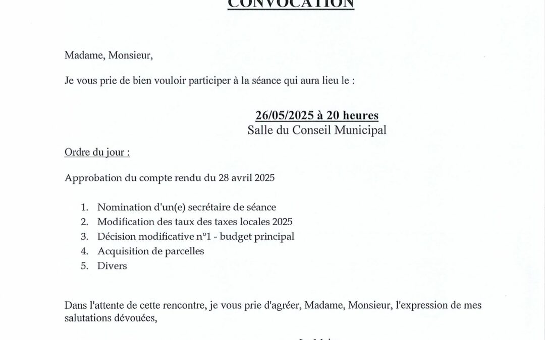 CONSEIL MUNICIPAL DU 26/05/2025 à 20H