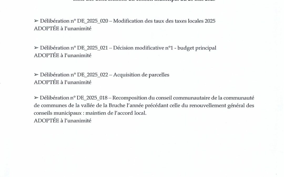 LISTE DES DELIBERATIONS DU 26 MAI 2025