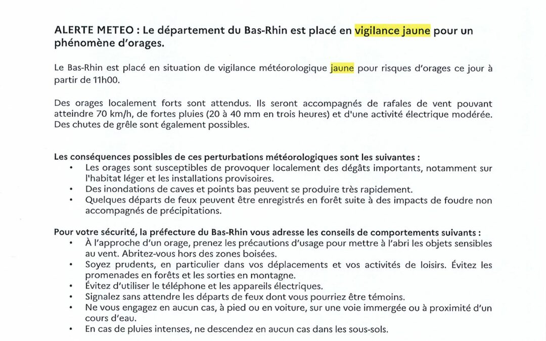 Alerte météo : Vigilance jaune orages dans le Bas-Rhin ce jour à partir de 11h