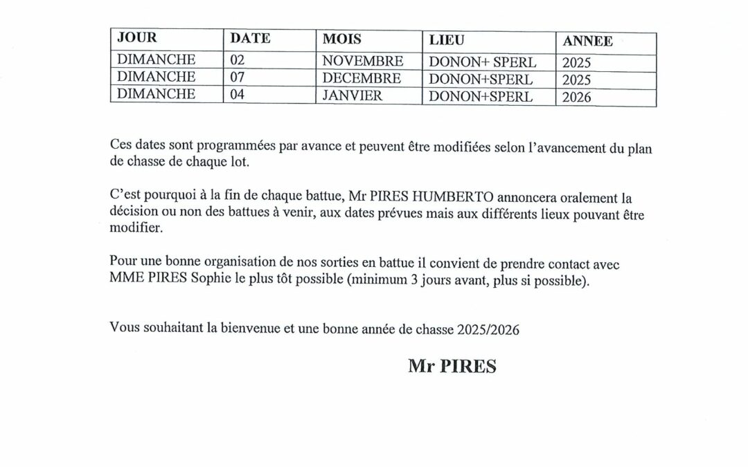 DATES DE BATTUES DE CHASSE 2025/2026 – LOT 1
