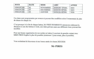 DATES DE BATTUES DE CHASSE 2025/2026 – LOT 1