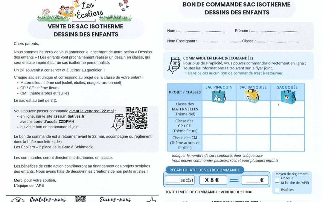 Vente de sacs isothermes au profit des écoles du APE « Les Ecoliers » du RPI Schirmeck-Wackenbach / Grandfontaine / Barembach