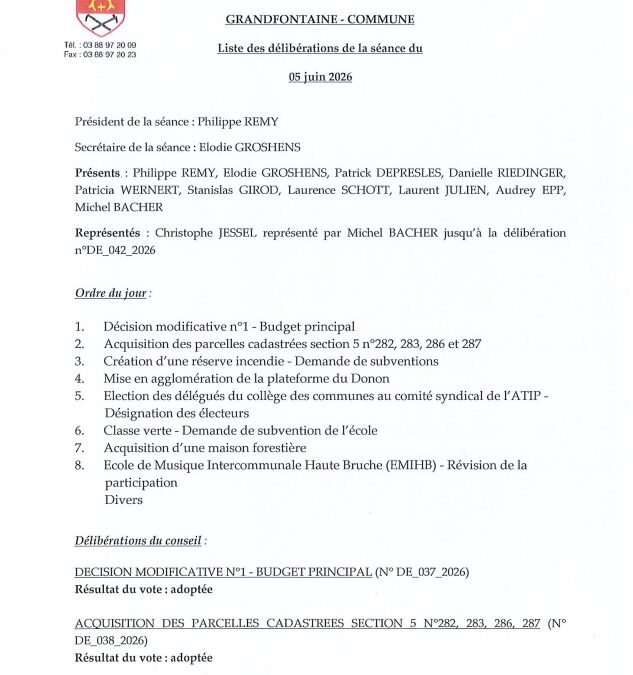 Liste des délibérations du 5 juin 2026